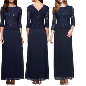 Alex Evenings Navy Sequin Chiffon Lace Gown